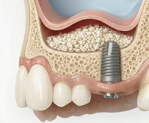 Ilustración médica 3D de una elevación de seno maxilar con injerto de hueso, preparando el maxilar para la colocación de implantes dentales en Monterrey.